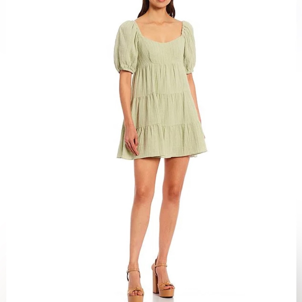 Every Striped Short Puff Sleeve Sweetheart Neck Tiered Mini Dress